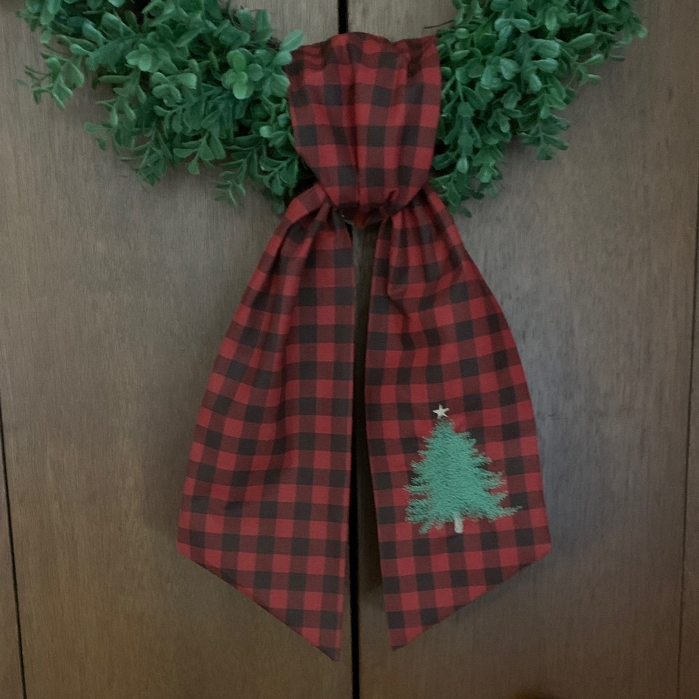 Red and Black Plaid Scarf with Green Tree Embroidery